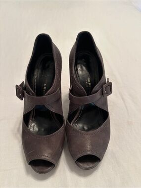 Sonia Rykiel from Paris Dark Grey Peep-Toe Mary Jane Heels with Buckle Strap